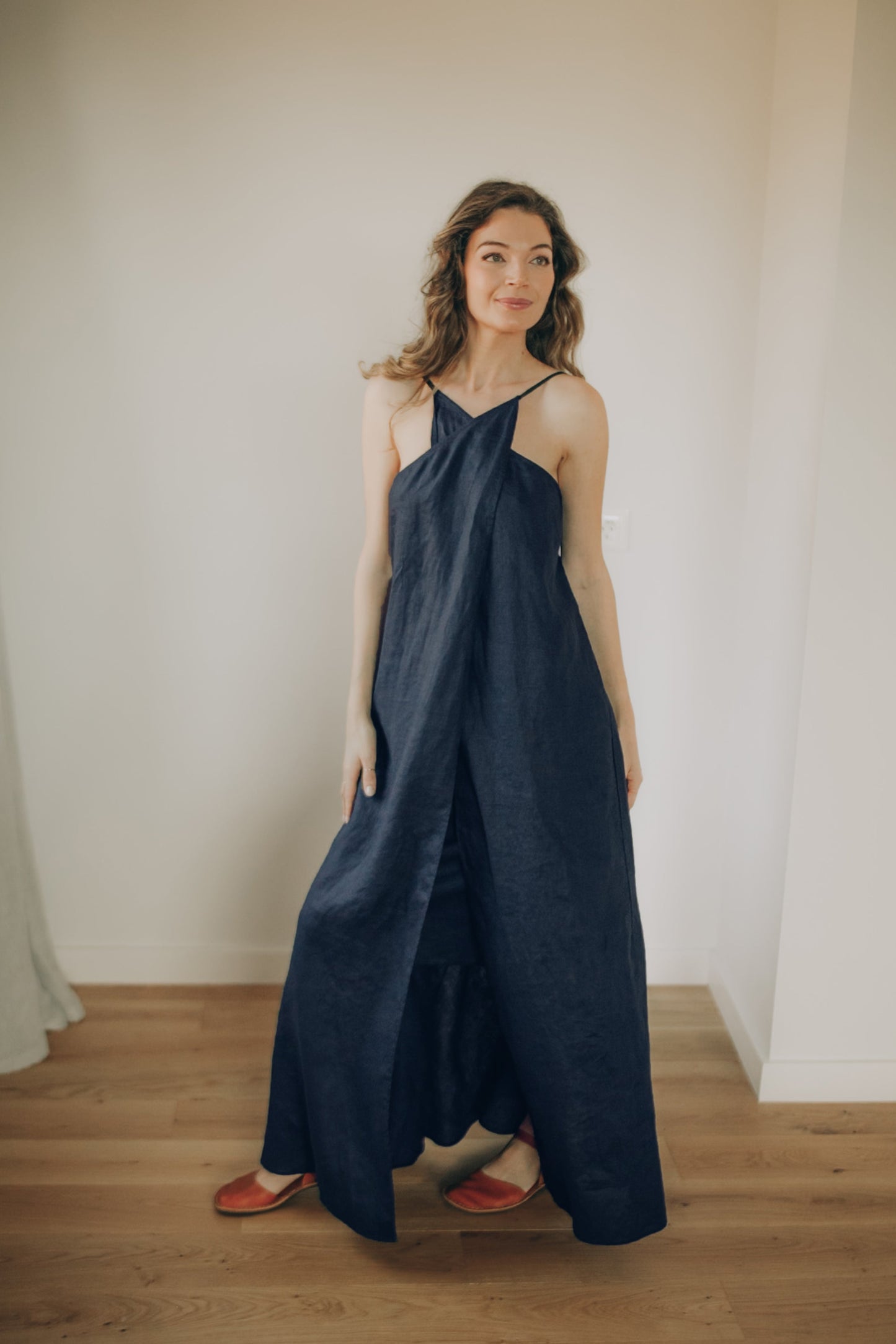Linen Maxi Dress with Cross Front Neckline – Open Back, Pockets, Layered Linen Dress, Linen Clothing, 3XL / Light Blue