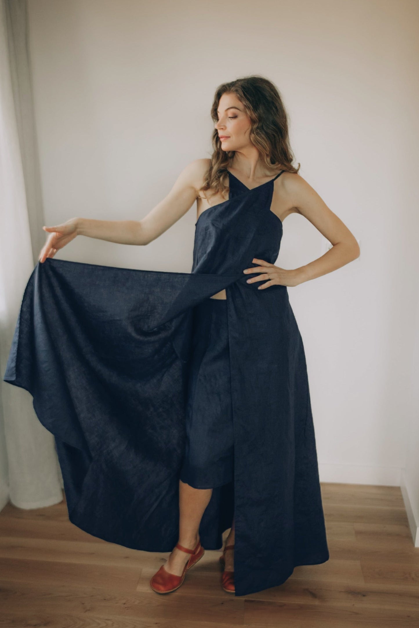 Elegant linen maxi dress with cross front neckline and open back, lightweight and breathable for summer.