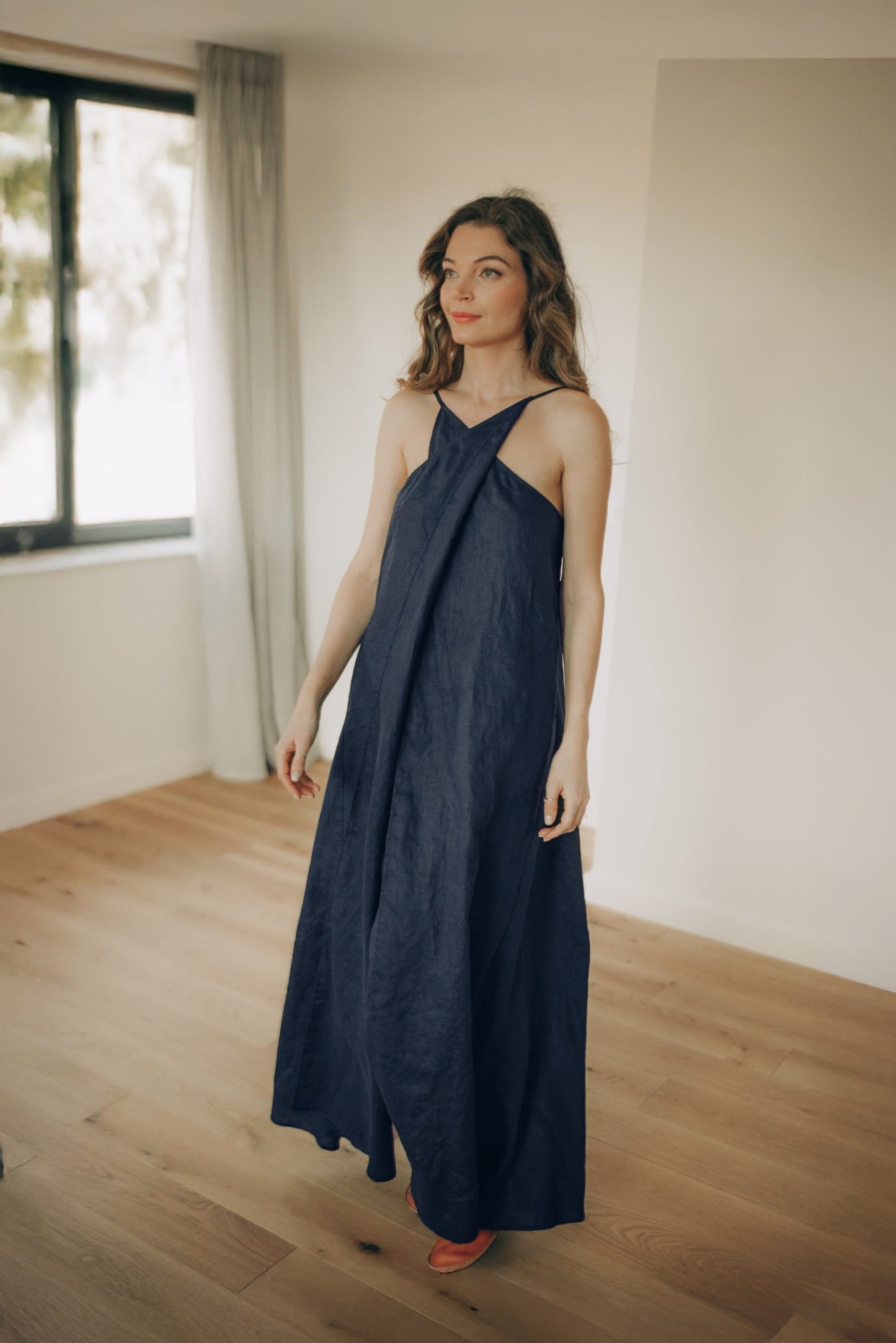 Linen Maxi Dress with Cross Front Neckline – Open Back, Pockets, Layered Linen Dress, Linen Clothing, 3XL / Light Blue