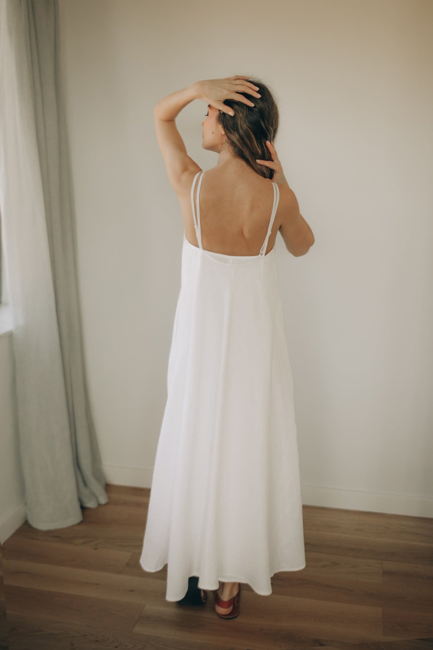 white ankle length dress Summer Linen Dress with Slip, 2-in-1 Linen Maxi Dress with Slip, Open Back, Cross Front, Boho Flowy, M / White