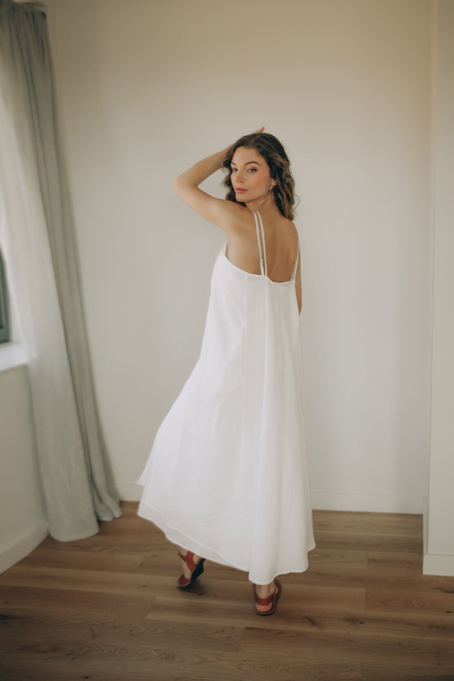 white linen summer dress Summer Linen Dress with Slip, 2-in-1 Linen Maxi Dress with Slip, Open Back, Cross Front, Boho Flowy, M / White
