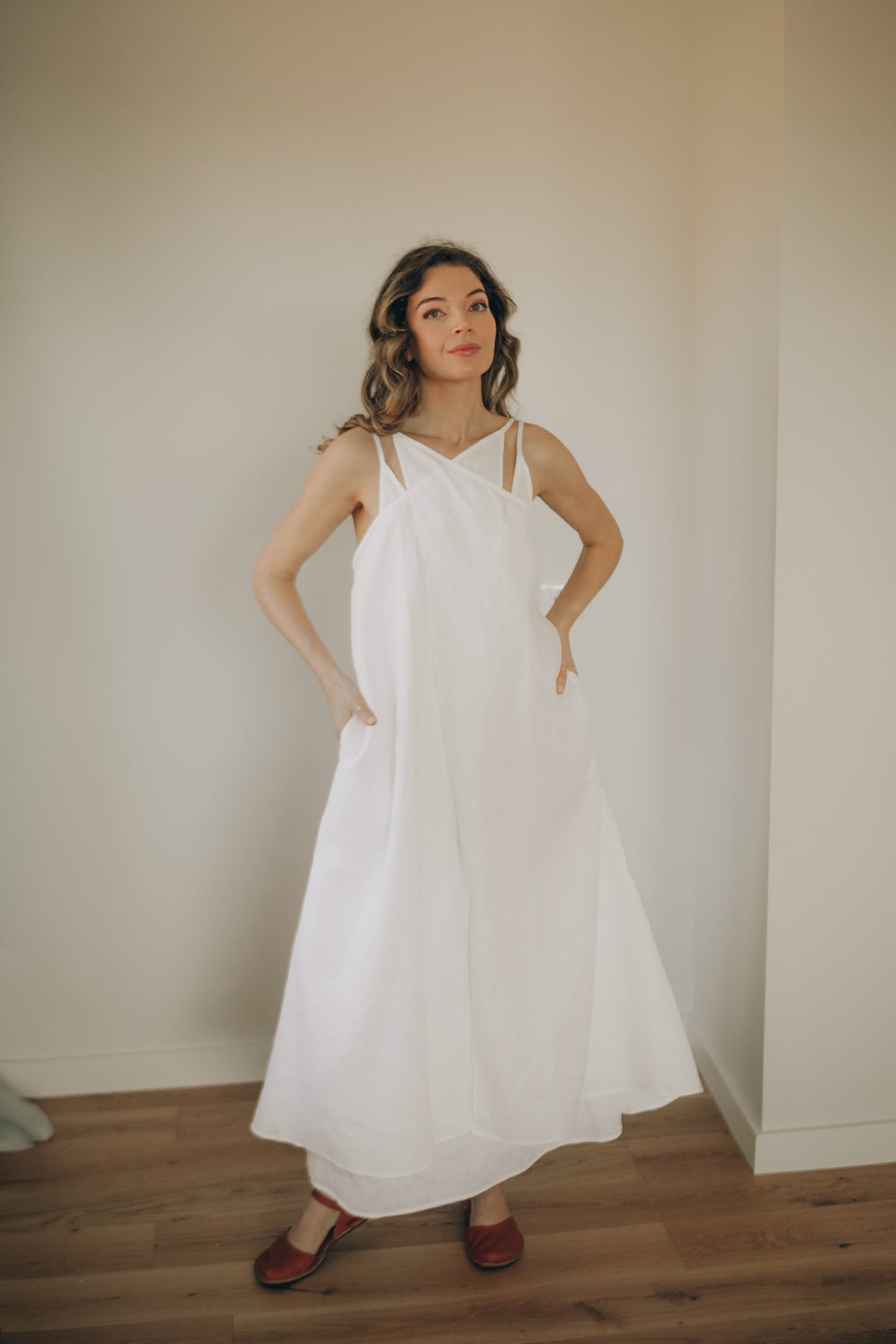 white linen dress sleeveless Summer Linen Dress with Slip, 2-in-1 Linen Maxi Dress with Slip, Open Back, Cross Front, Boho Flowy, M / White