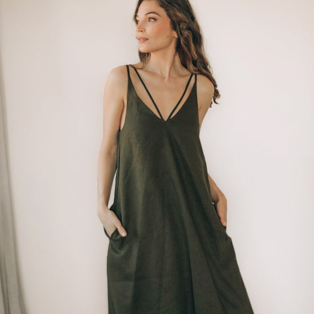 linen vneck dress 100% Linen V-Neck A-Line Relaxed Summer Dress Off White / M