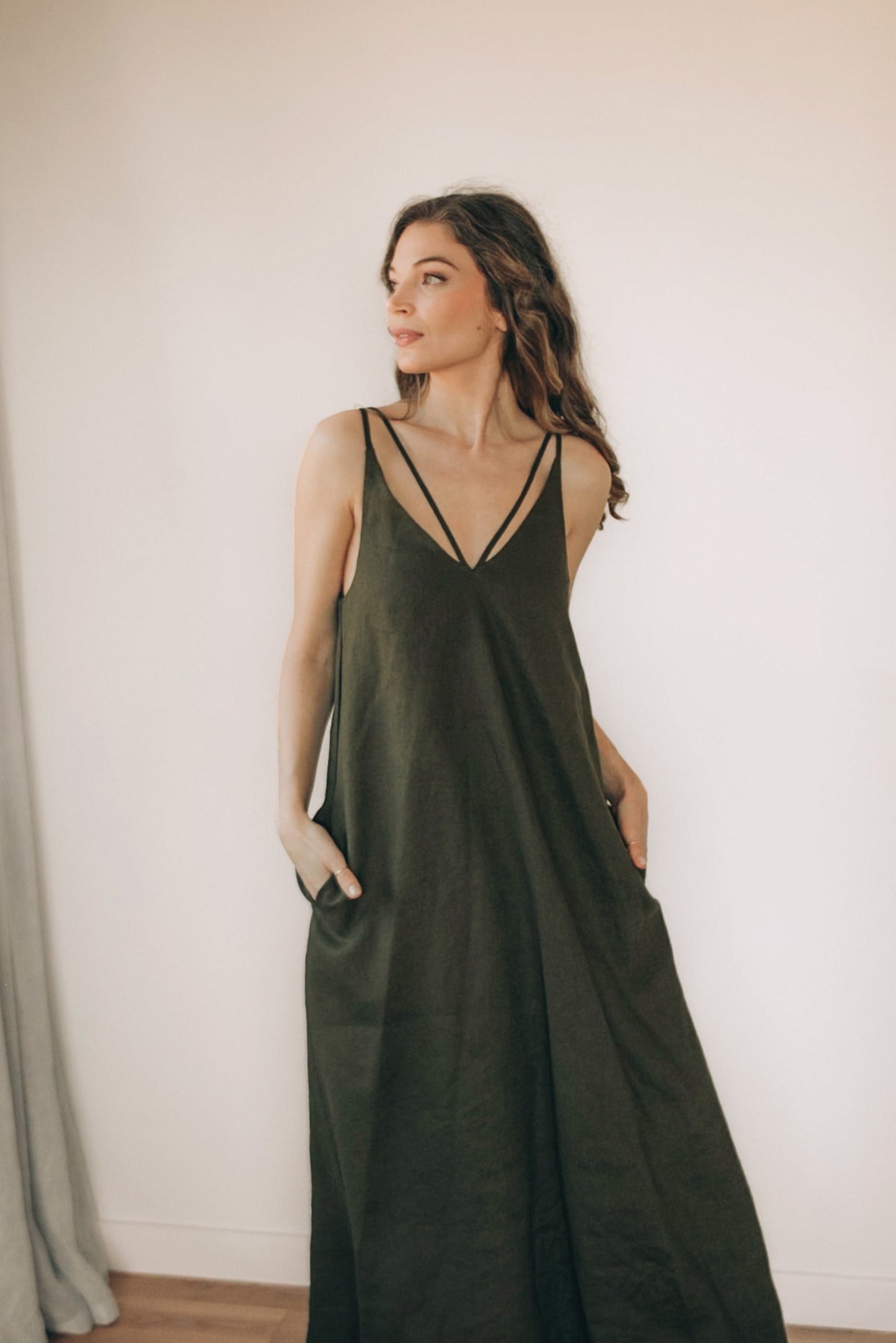 linen dress v neck 100% Linen V-Neck A-Line Relaxed Summer Dress Off White / M