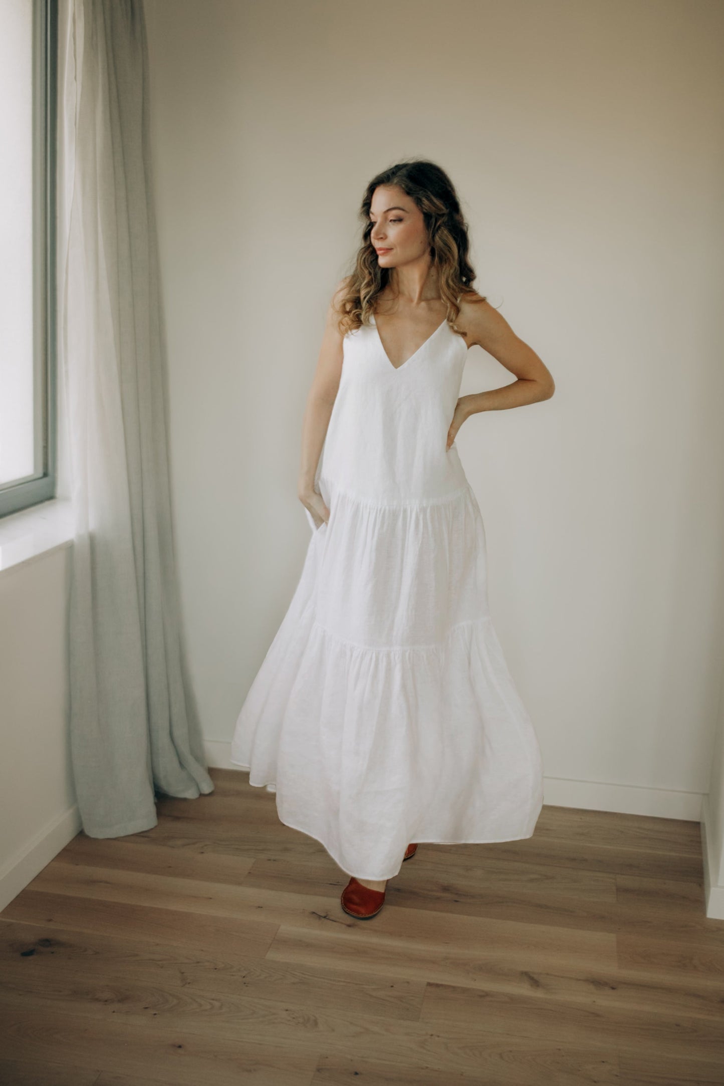 midi white linen dress White Linen Dresses