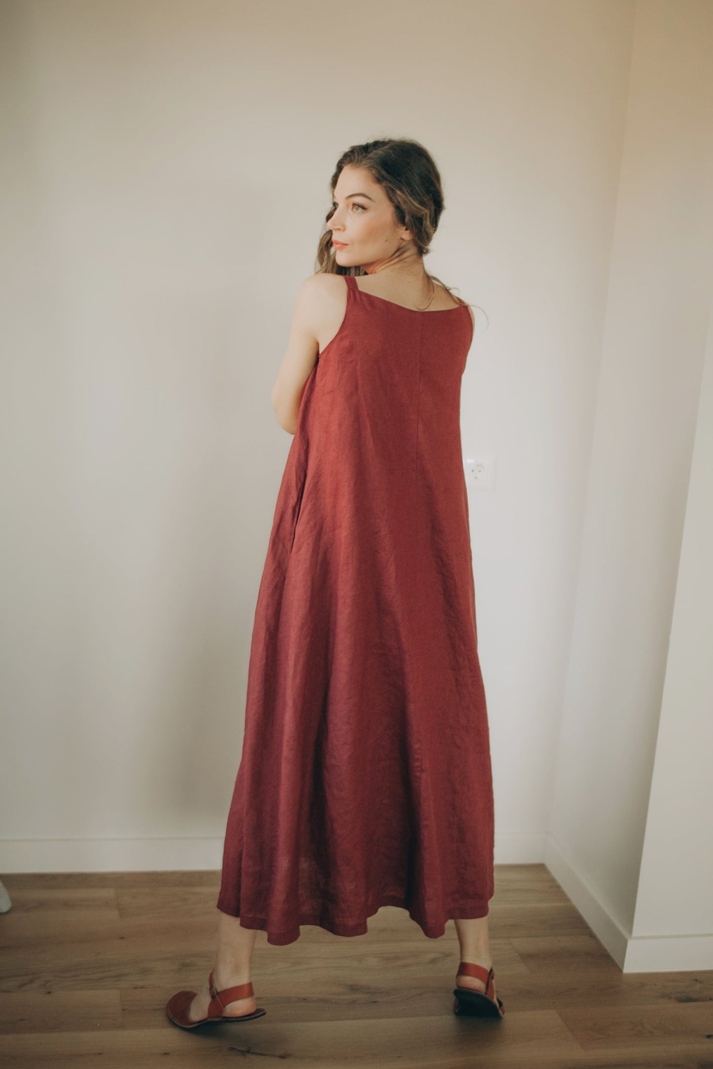 Linen A-Line Midi Dress with Pockets - Women's Flare Summer Sundress, L / Vintage Pink Linen A-Line Midi Dress with Pockets - Women's Flare Summer Sundress, L / Vintage Pink