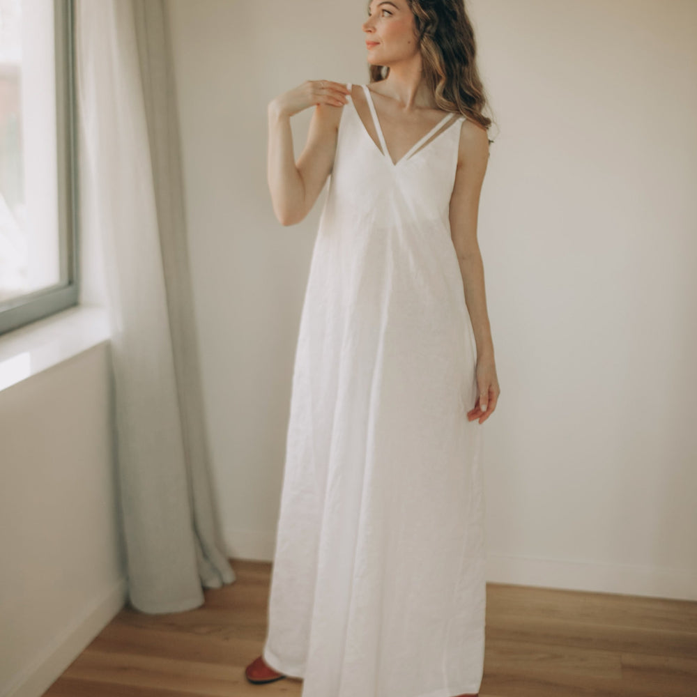 Minimalist Linen Maxi Dress, V-Neck, Open Back – Cross Back Straps, Pockets, S / Vintage Pink