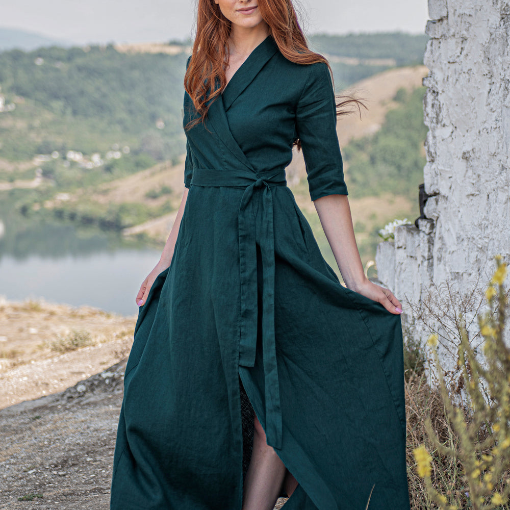 Linen Maxi Dress, Wrap Linen Dress, Maxi Linen Dress, Long Wrap Linen Dress, Emerald Green Boho Dress, Plus Size Dress, 100% Linen Clothing, XS
