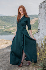 Linen Maxi Dress with Tie Waist in Deep Green - VisibleArtShop