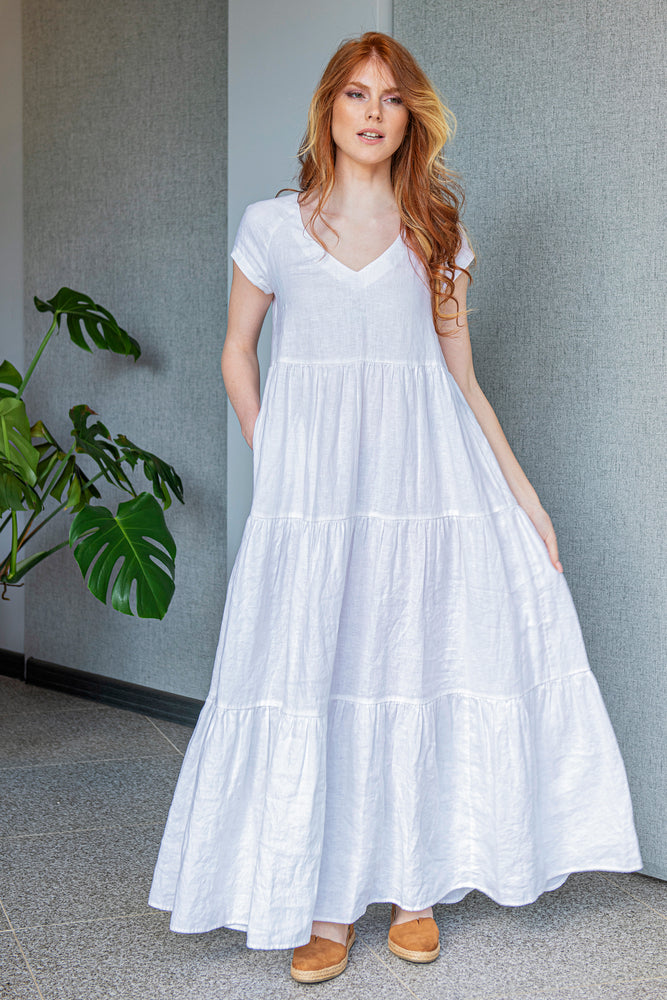 Long Linen Summer Dress, Romantic Tiered Linen Dress, Boho Maxi Dress Women, Summer Gypsy Style Dress, Bohemian Linen Summer Dress in White