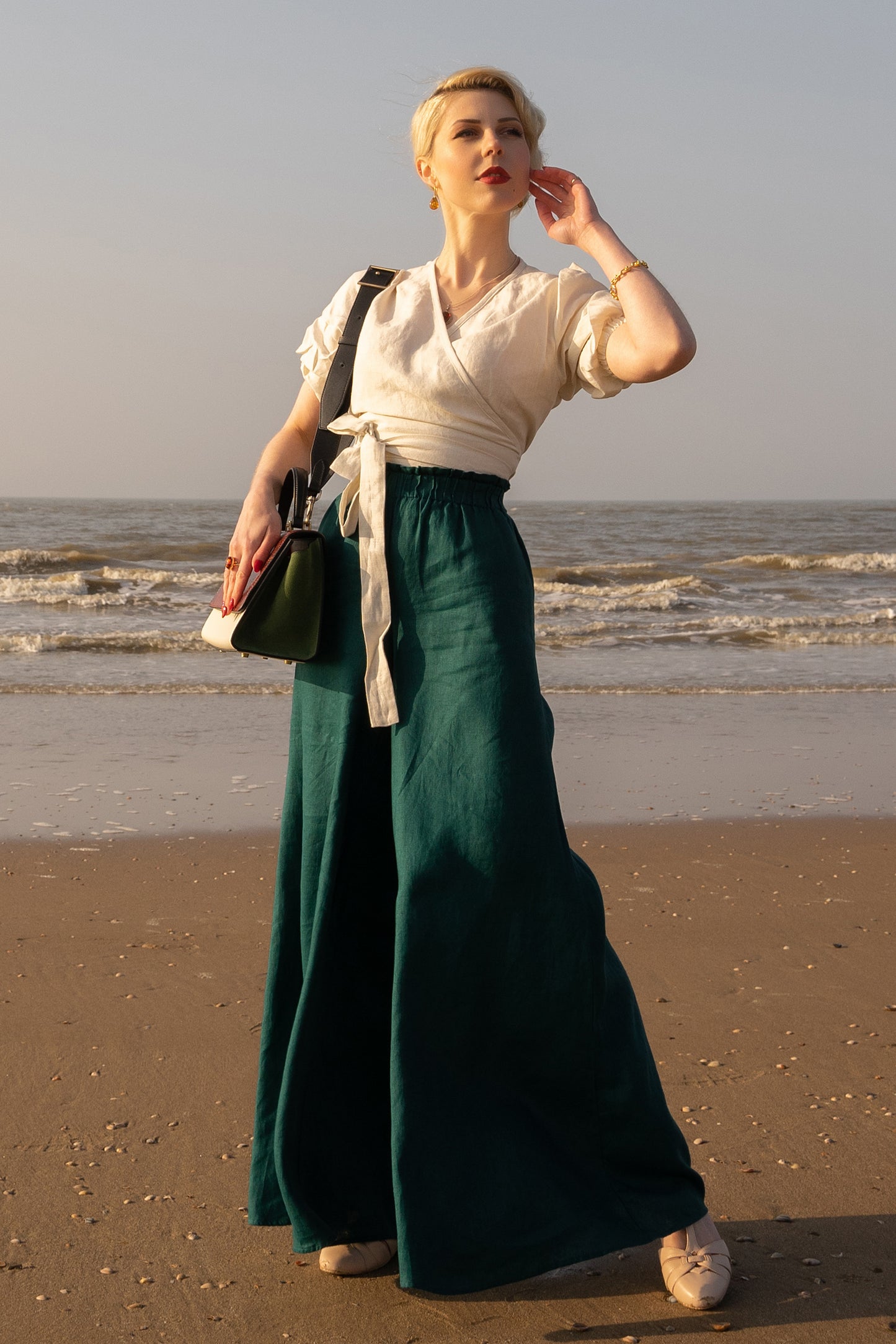 Linen Wide Leg Pants in Deep Green - VisibleArtShop