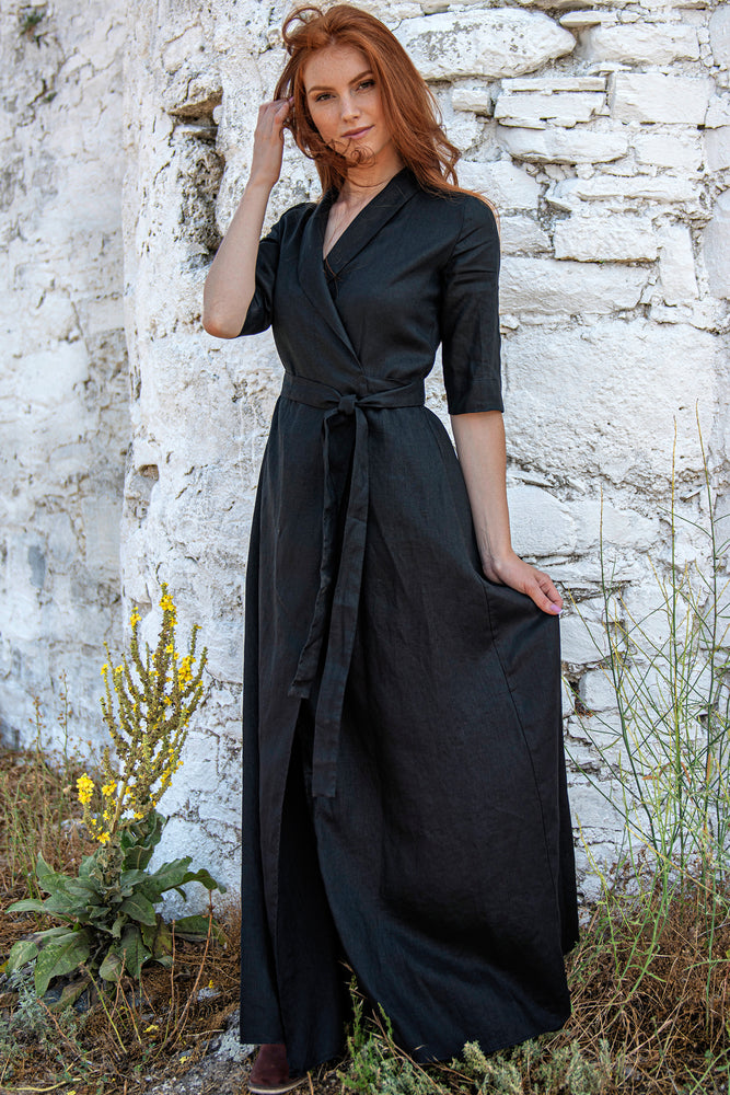Linen Maxi Dress with Tie Waist in Deep Black - VisibleArtShop