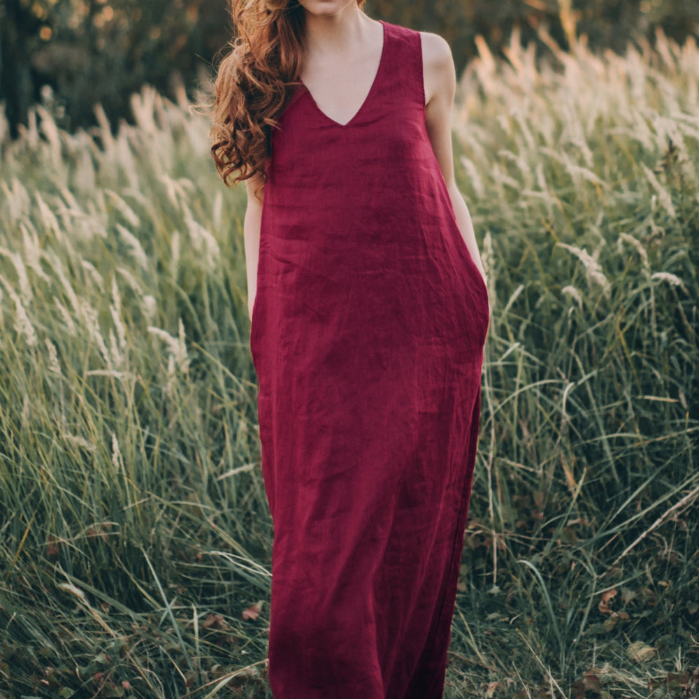 
                      
                        Minimalist Linen Maxi Dress with V-neck - VisibleArtShop
                      
                    