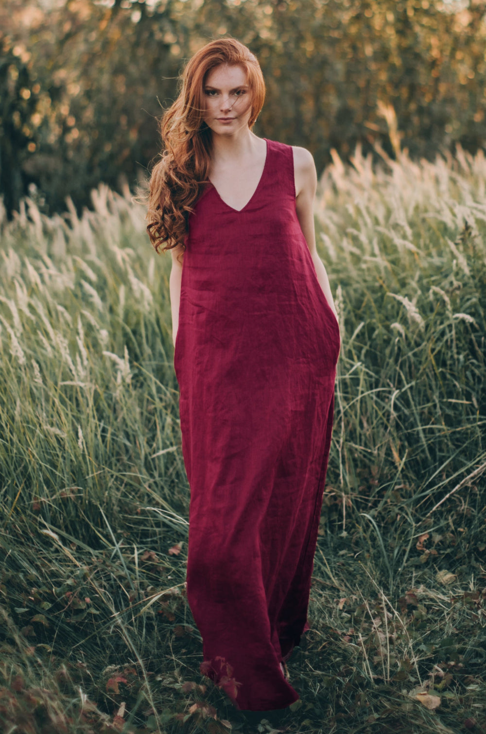 Minimalist Linen Maxi Dress with V-neck - VisibleArtShop