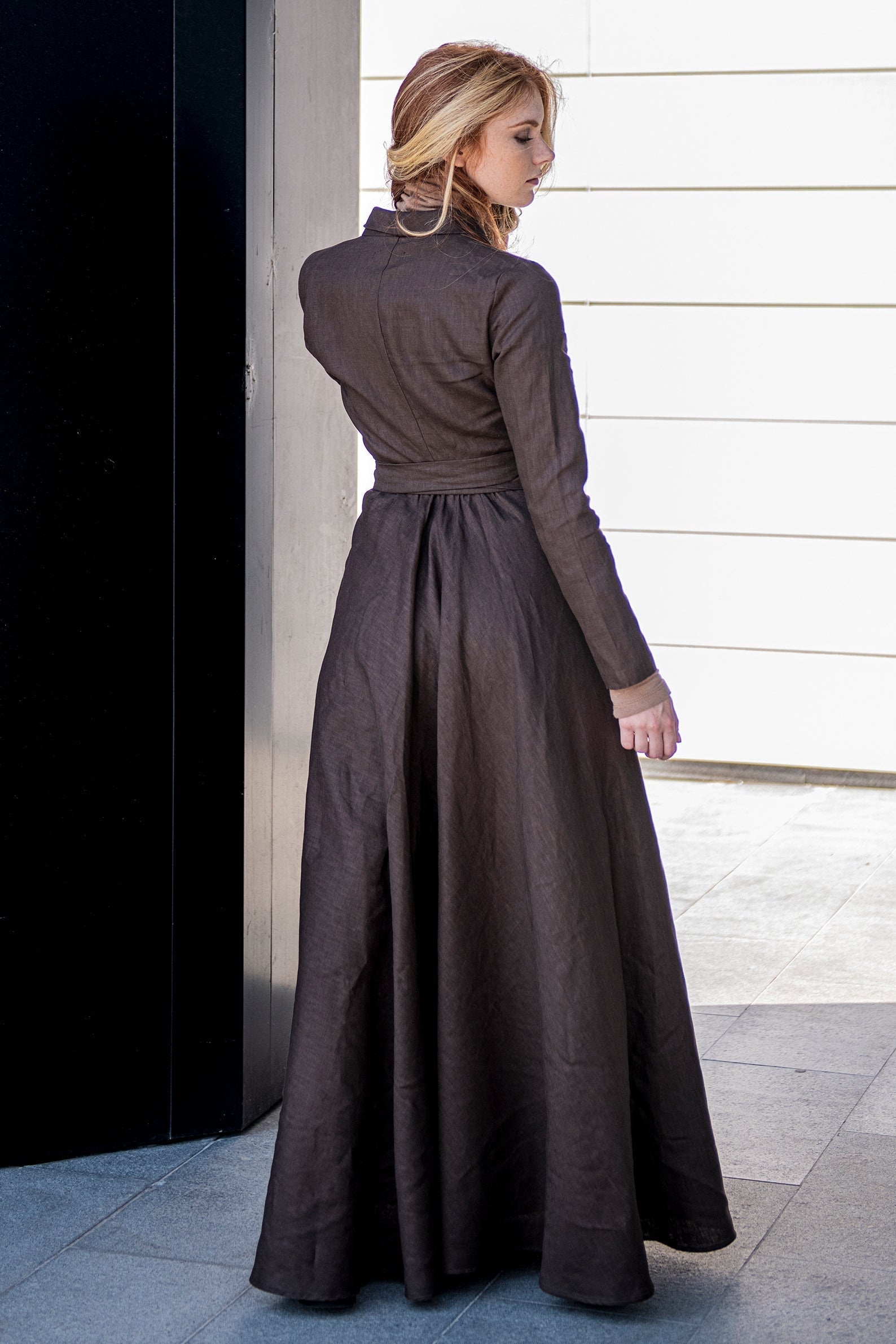 a line dress long Linen A-Line Maxi Dress, Chocolate Brown Linen for Women, Heavy Weight Linen Dress, Linen Wrap Dress, Plus Size Clothing, XL / Gray Abercrombie & Fitch Green BFCM25-EXC Prom Dresses Select Shoes Size:41