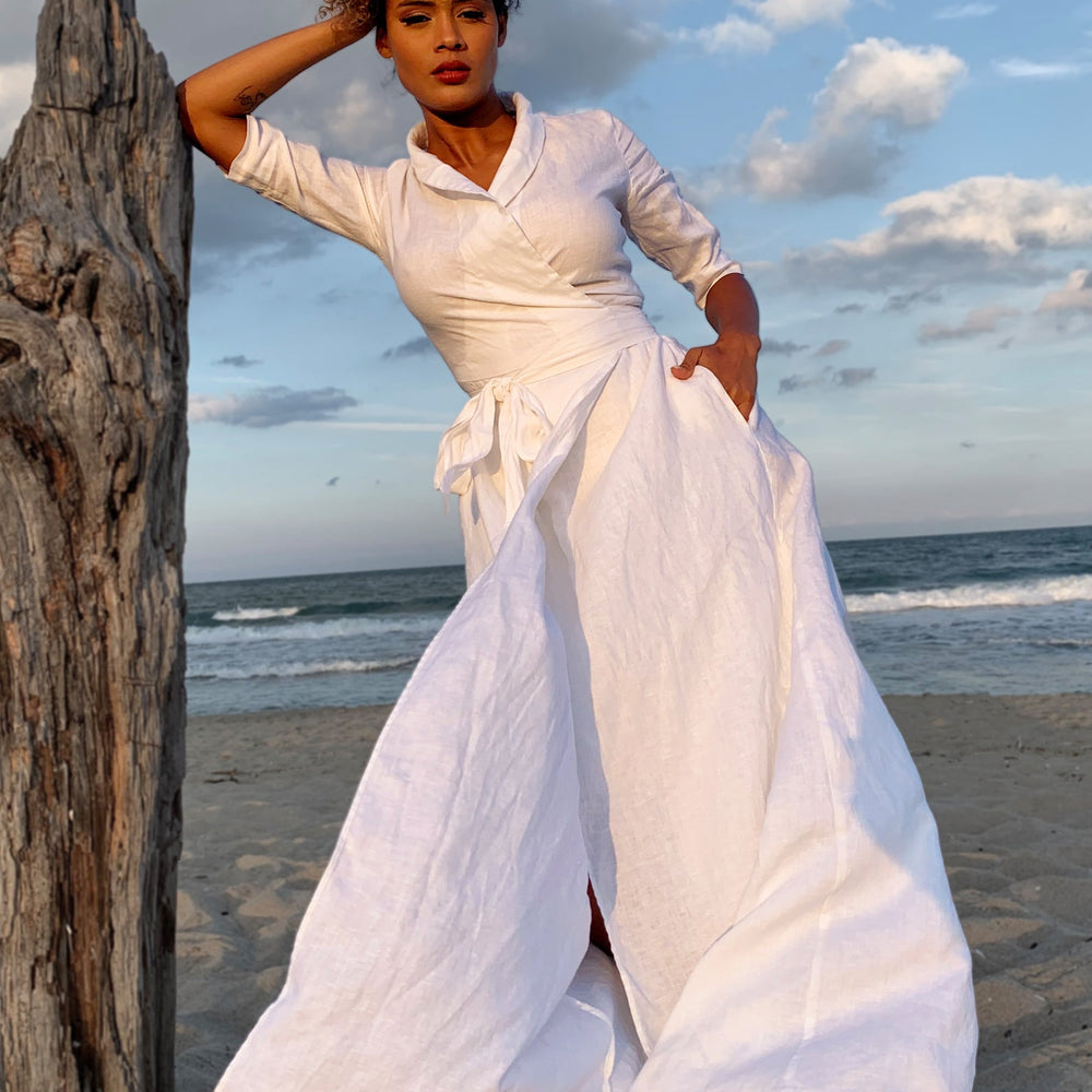 Maxi Linen Dress with Tie Waist - Elegant A-Line Wrap Dress for Every Season VisibleArtShop Maxi Linen Dress with Tie Waist - Elegant A-Line Wrap Dress for Every Season VisibleArtShop