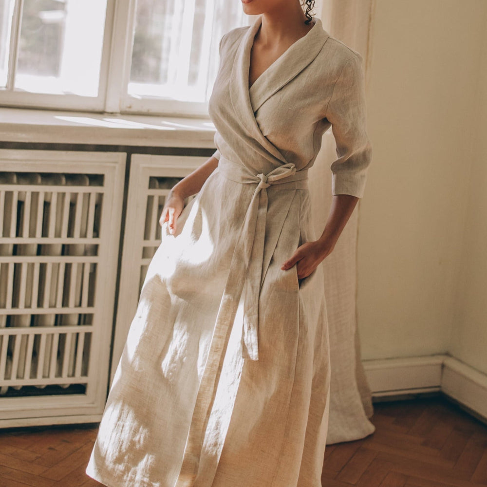 Linen Wrap Dress with Shawl Collar Dress and Pockets, Natural Linen Dress, Linen Midi Dress, Tie Waist Dress, Dress for Women, 3XL / White Linen Wrap Dress with Shawl Collar Dress and Pockets, Natural Linen Dress, Linen Midi Dress, Tie Waist Dress, Dress for Women, 3XL / White