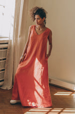 Minimalist Linen Maxi Dress with V-neck - VisibleArtShop
