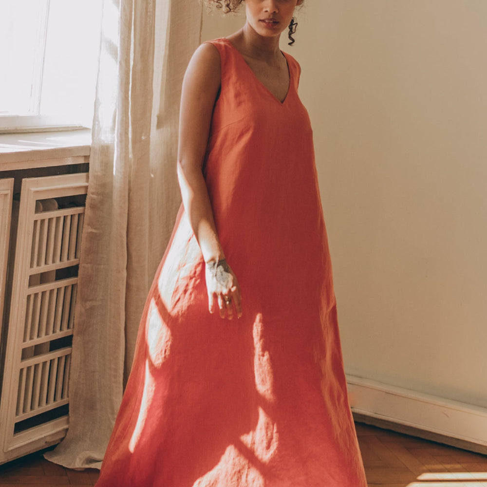 
                      
                        Minimalist Linen Maxi Dress with V-neck, VisibleArtShop
                      
                    
