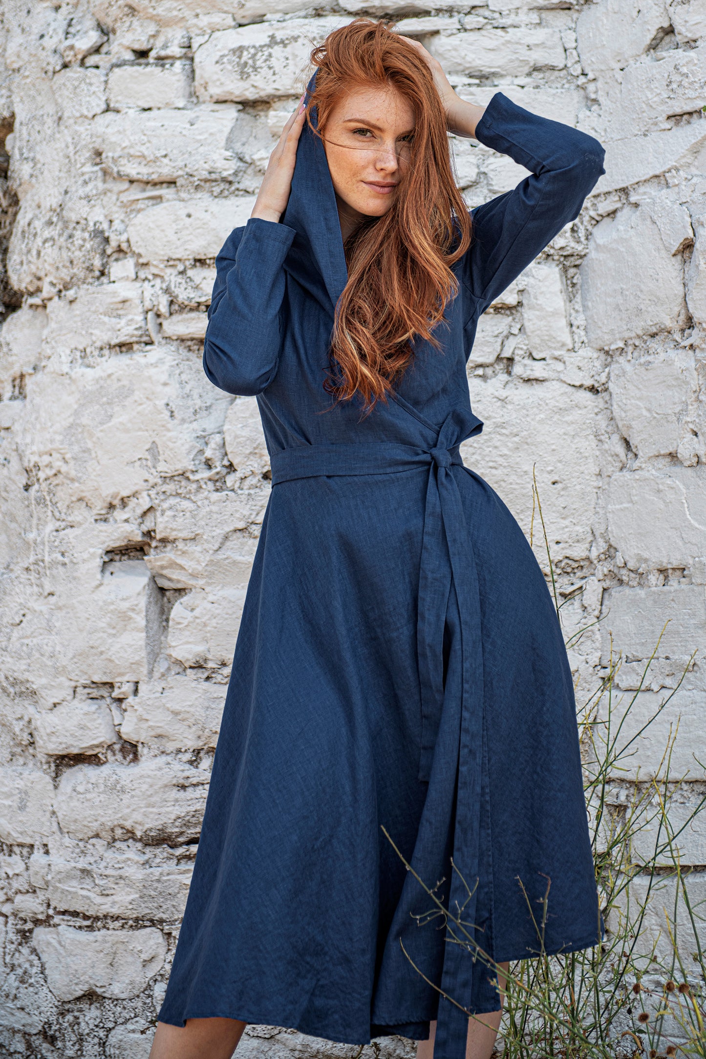 Hooded Linen Wrap Dress - VisibleArtShop