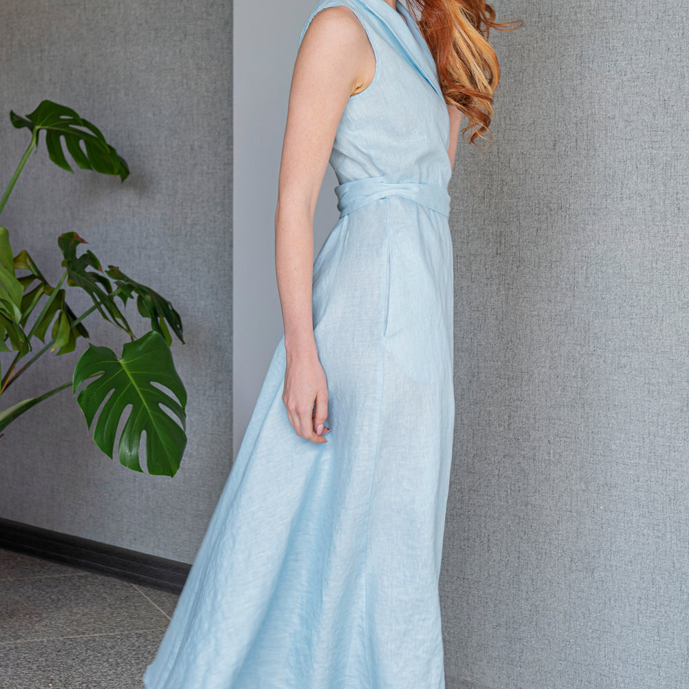 light blue wrap dress Sleeveless Linen Dress, Linen Wrap Dress, Linen Maxi Dress, Long Linen Dress with Belt, Plus Size Linen Clothing, Boho Dress, Women Dress, 2XL / Rusty