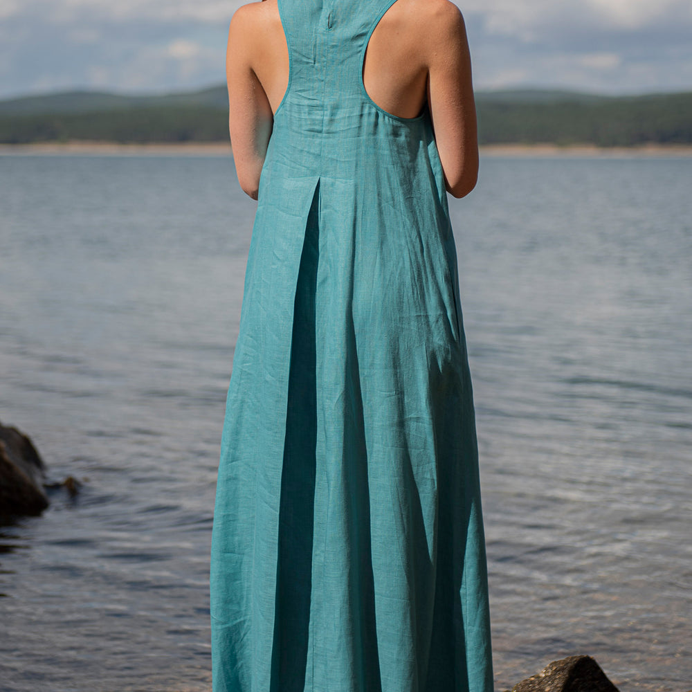 Minimalist Linen Dress with Pleat Detail, Linen Maxi Dress Turquoise, Sleeveless Linen Dress Long, 100% Linen Clothing, XL / Dusty Turquoise Minimalist Linen Dress with Pleat Detail, Linen Maxi Dress Turquoise, Sleeveless Linen Dress Long, 100% Linen Clothing, XL / Dusty Turquoise