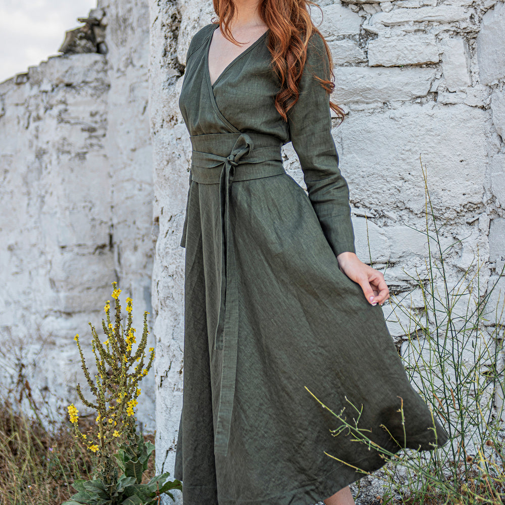 Linen Midi Dress with Tie Belt - VisibleArtShop