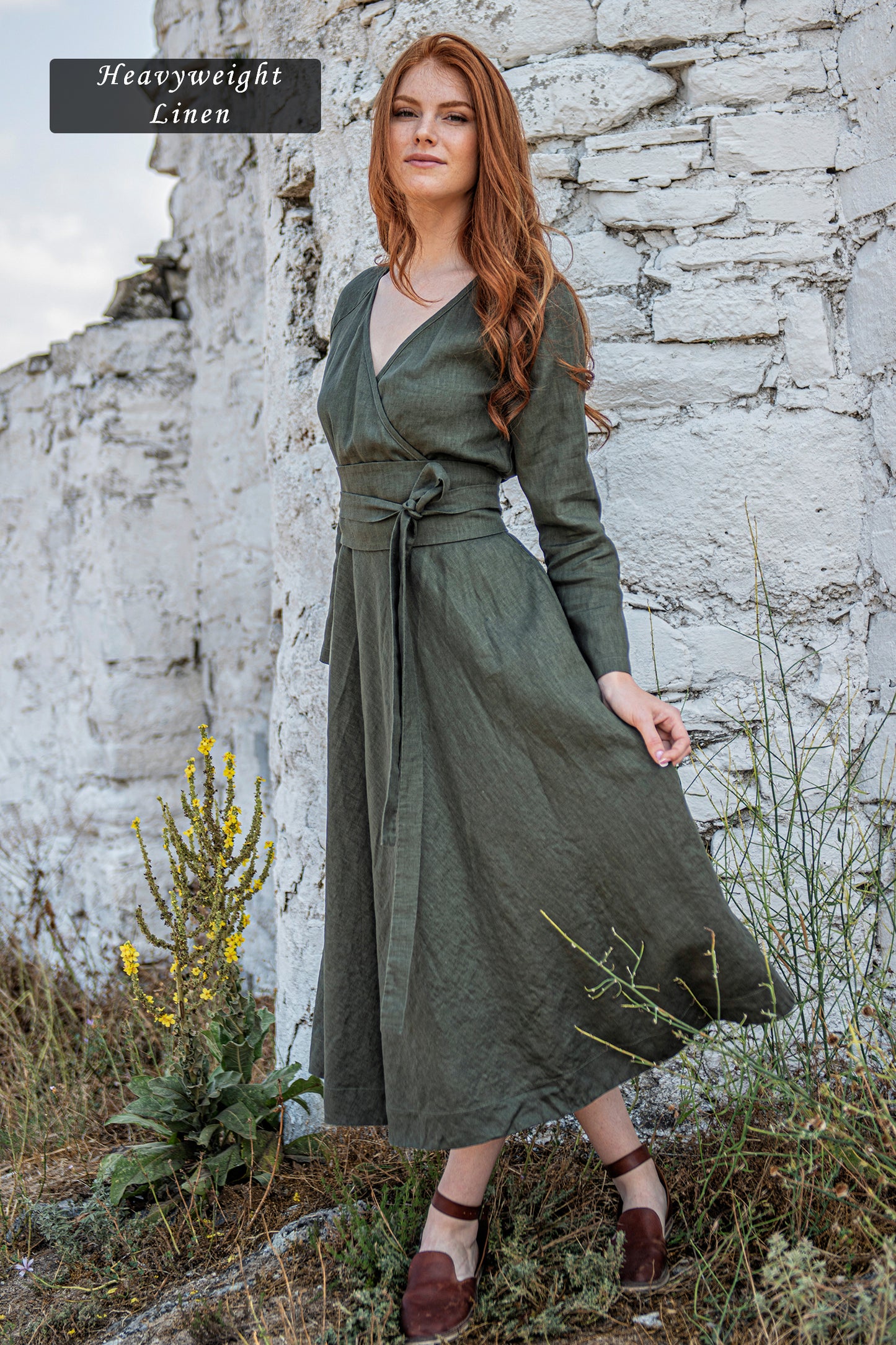 Linen Midi Dress with Tie Belt - VisibleArtShop