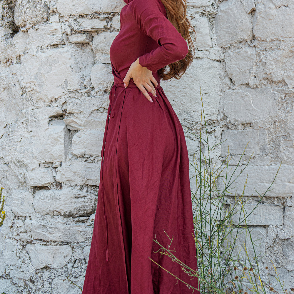 burgundy tie waist dress Burgundy Linen Maxi Dress with Pockets & Tie Waist, Long Sleeve