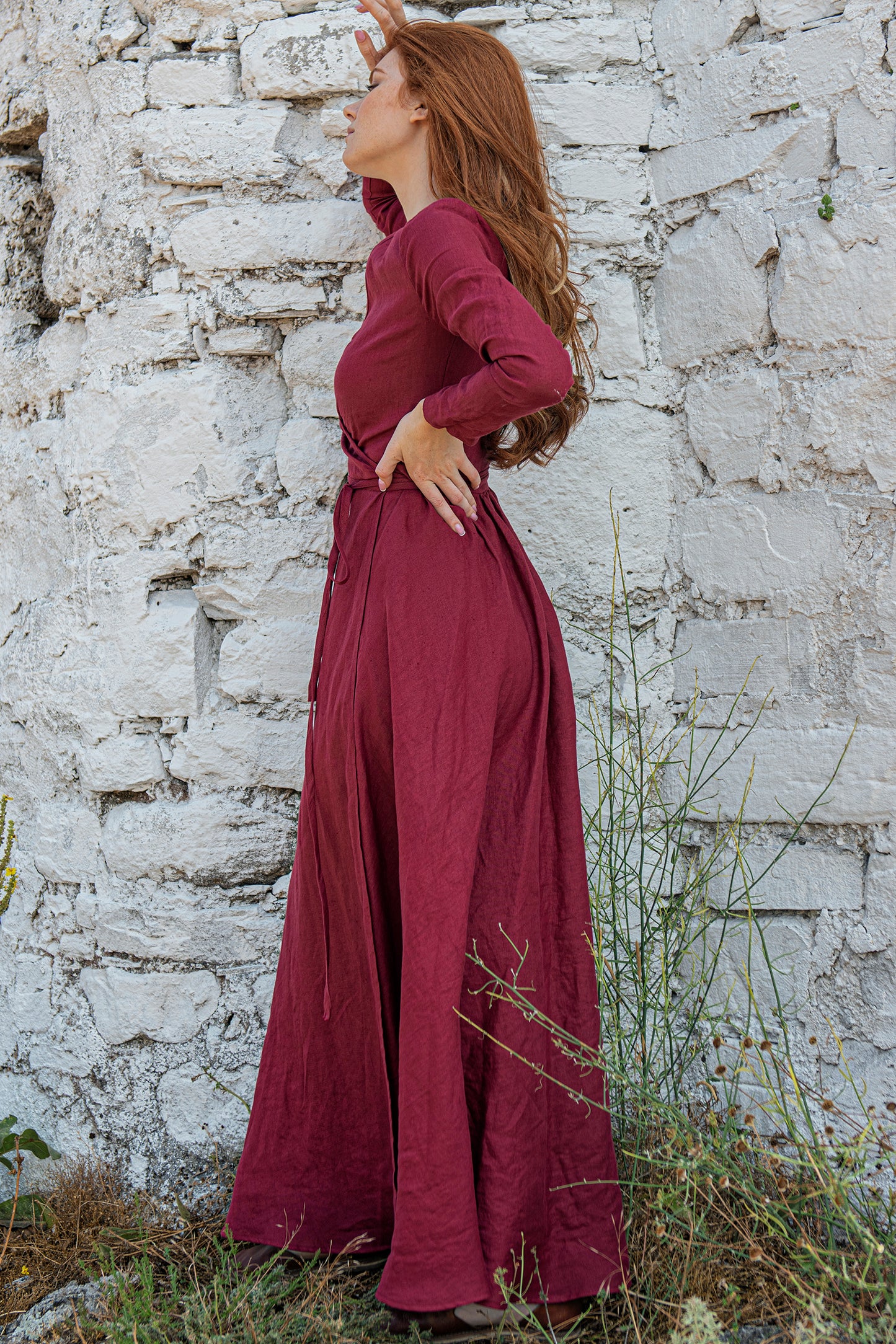 Linen Maxi Dress with Tie Waist in Burgundy - VisibleArtShop