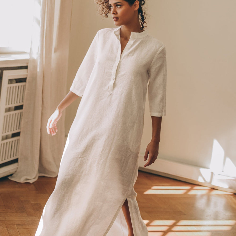 white kaftan dress Linen - Kaftan Maxi Dress, Long Sleeves & Pockets 53 inches Regular 143 cm Linen Kaftan Dress - Stylish