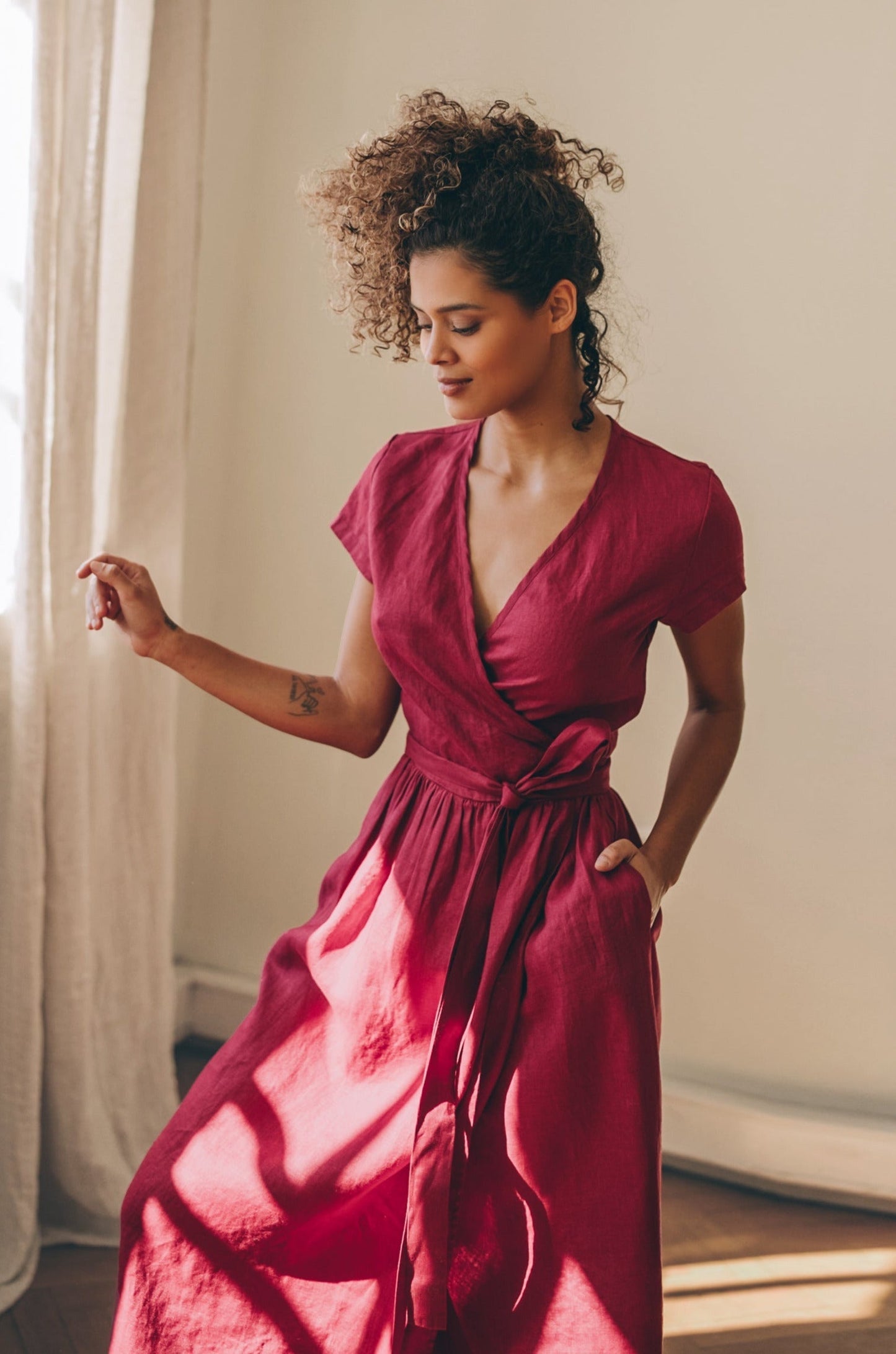 Linen Midi Dress - Burgundy Linen Dress - Linen Wrap Dress with Pockets - Linen Dress for Women - Linen Summer Dress - Linen Clothing Plus Size, 2XL / Linen Midi Dress - Burgundy Linen Dress - Linen Wrap Dress with Pockets - Linen Dress for Women - Linen Summer Dress - Linen Clothing Plus Size, 2XL /