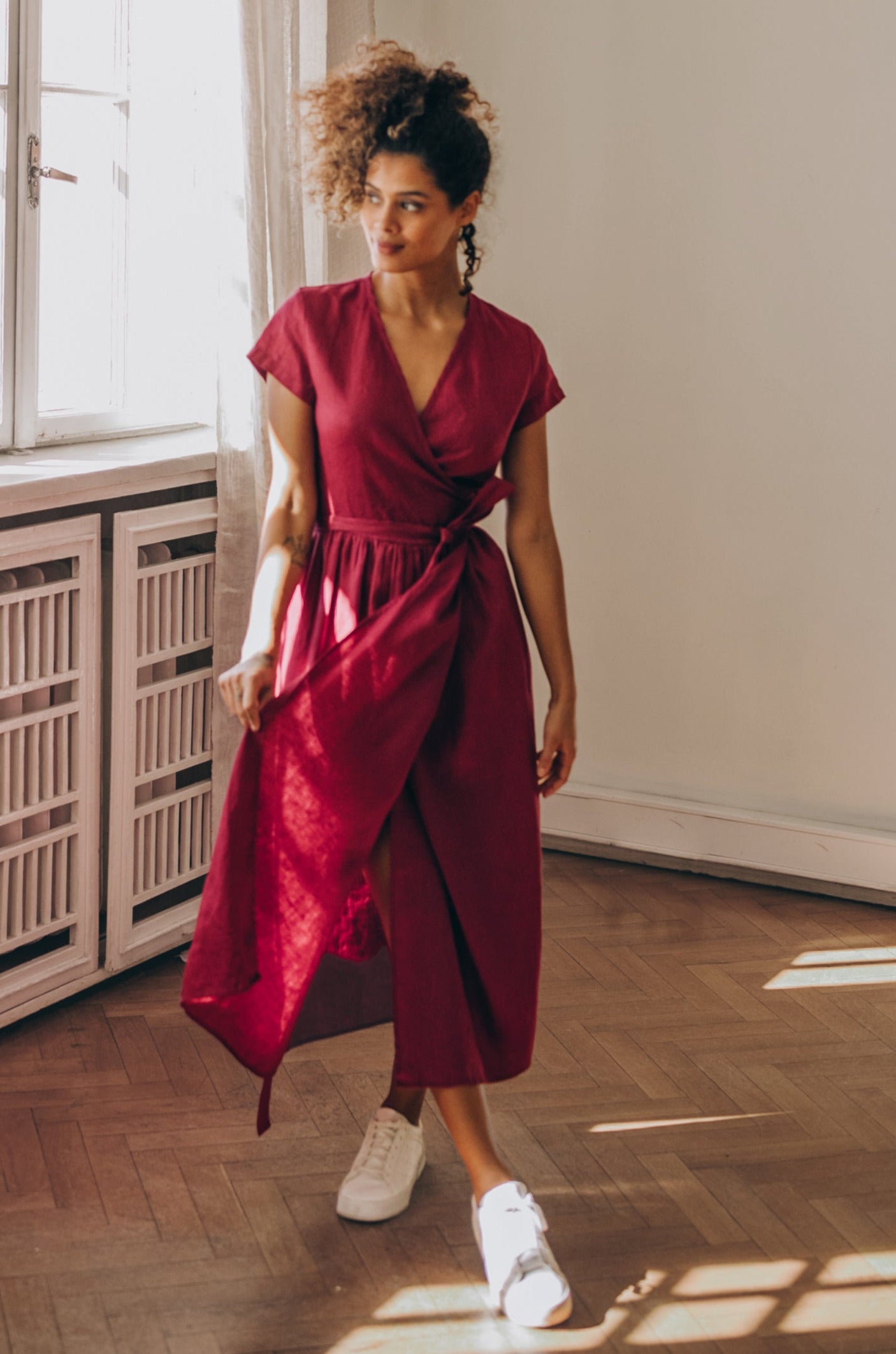 Linen Midi Dress - Burgundy Linen Dress - Linen Wrap Dress with Pockets - Linen Dress for Women - Linen Summer Dress