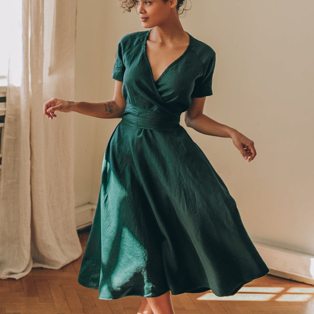Deep Green Linen Dress - Summer Midi Dress - Linen Dress with Tie Waist and Pockets - Classic Linen Dress Women - Boho Linen Dress Plus size, L / Deep Deep Green Linen Dress - Summer Midi Dress - Linen Dress with Tie Waist and Pockets - Classic Linen Dress Women - Boho Linen Dress Plus size, L / Deep
