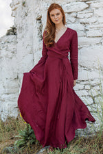 Linen Maxi Dress with Tie Waist in Burgundy - VisibleArtShop