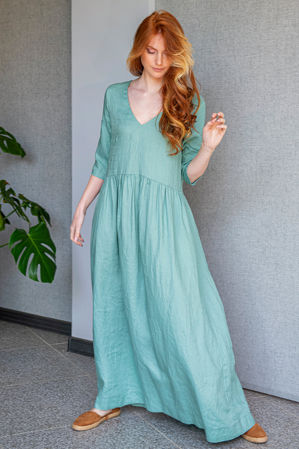 Minimalist Linen Summer Dress in Dusty Turquoise, Linen Long Dress Women, Plus Size Linen Dress, Classic Linen Dress with Pockets