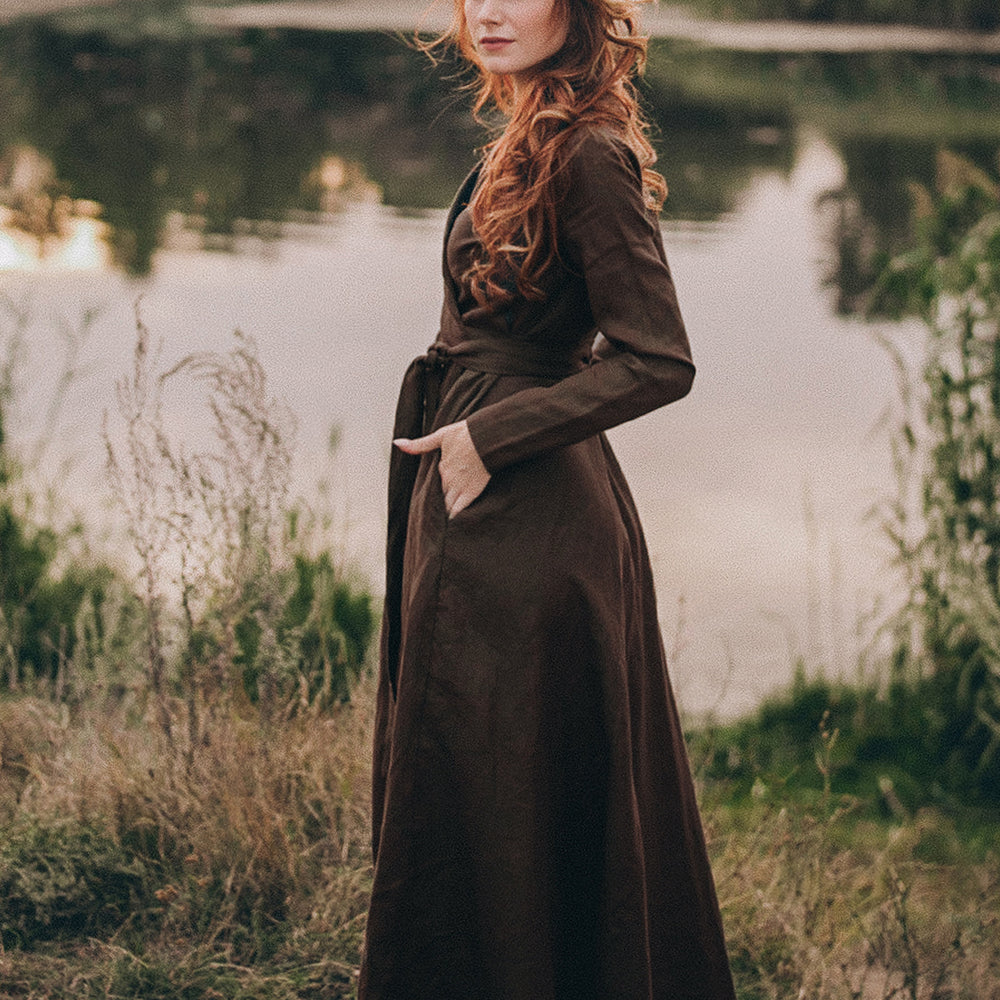 Chocolate Brown Linen Dress - Heavy Linen Maxi Dress - Long Sleeve Linen Dress - Plus Size Linen Dress - Boho Dress