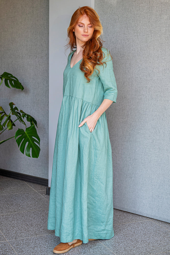 Minimalist Linen Summer Dress in Dusty Turquoise, Linen Long Dress Women, Plus Size Linen Dress, Classic Linen Dress with Pockets