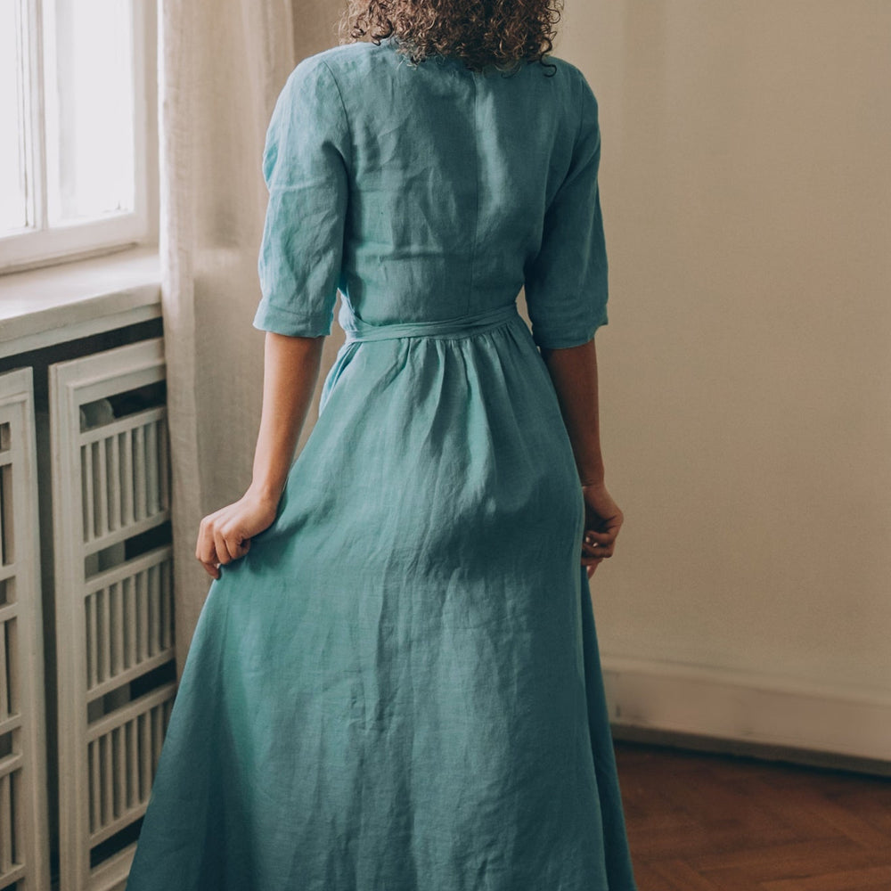 Linen Maxi Dress with Tie Waist & 3/4 sleeve, 2XL / Natural Linen Maxi Dress with Tie Waist & 3/4 sleeve, 2XL / Natural