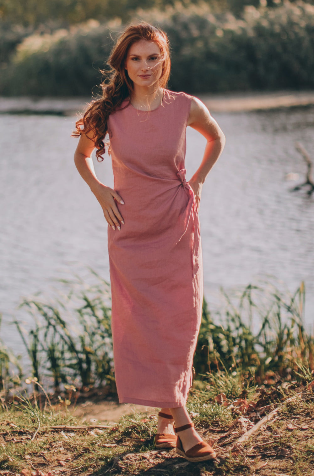 Linen Dress with Ruched Tie Detail