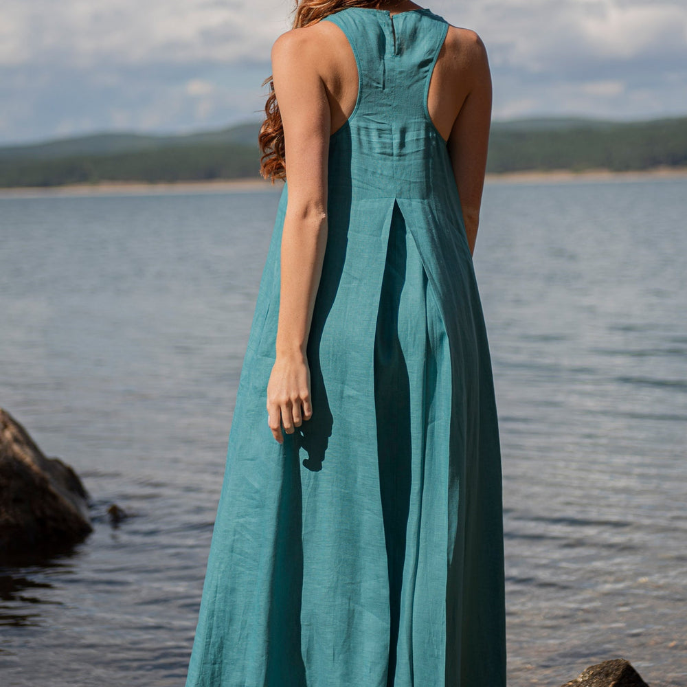 Minimalist Linen Dress with Pleat Detail, Linen Maxi Dress Turquoise, Sleeveless Linen Dress Long, 100% Linen Clothing, XL / Dusty Turquoise Minimalist Linen Dress with Pleat Detail, Linen Maxi Dress Turquoise, Sleeveless Linen Dress Long, 100% Linen Clothing, XL / Dusty Turquoise