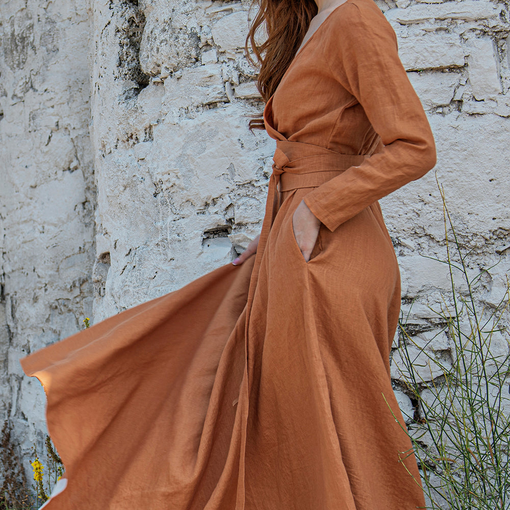 Linen Maxi Dress with Tie Belt - VisibleArtShop