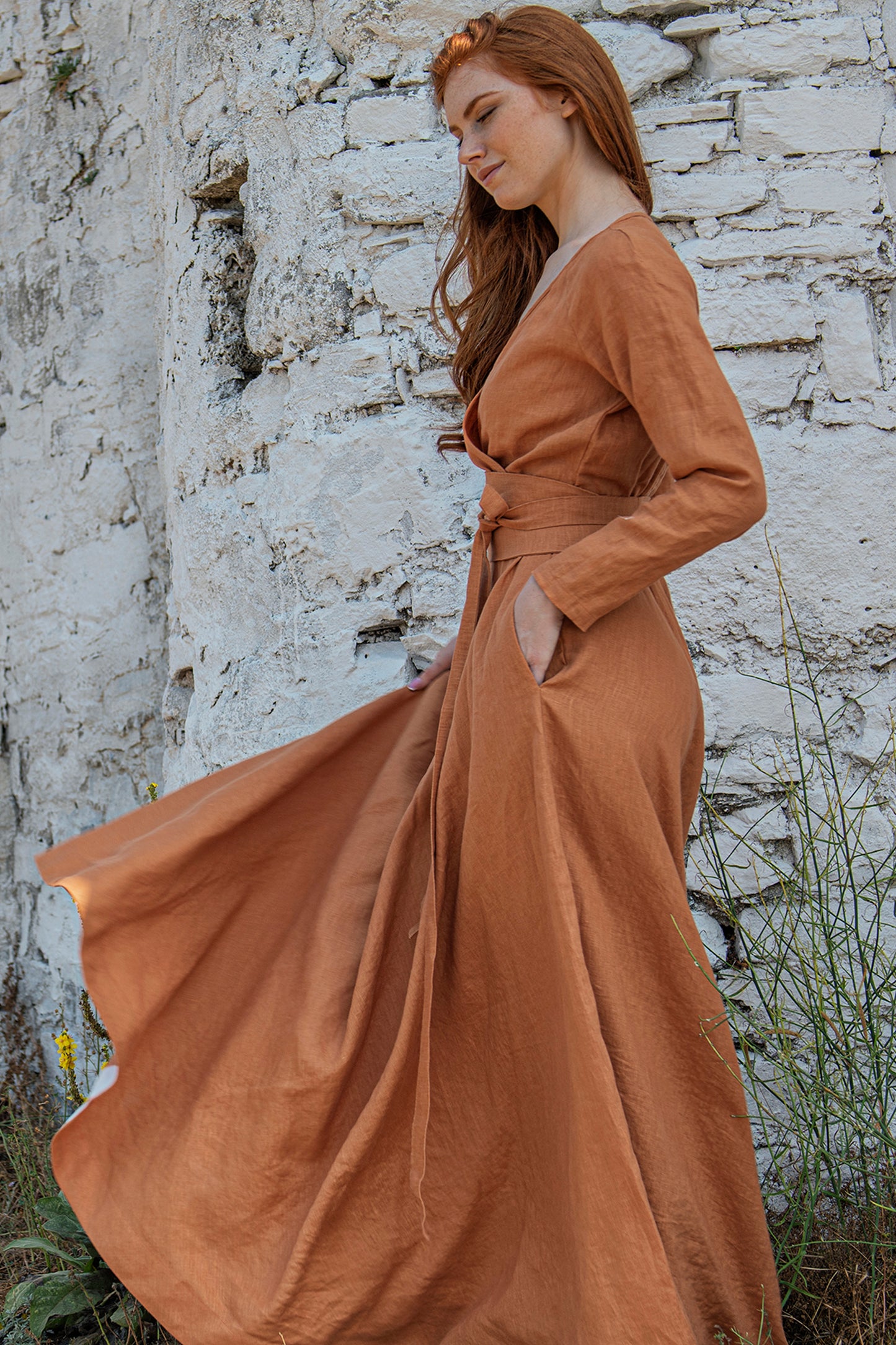 Linen Maxi Dress with Tie Belt - VisibleArtShop