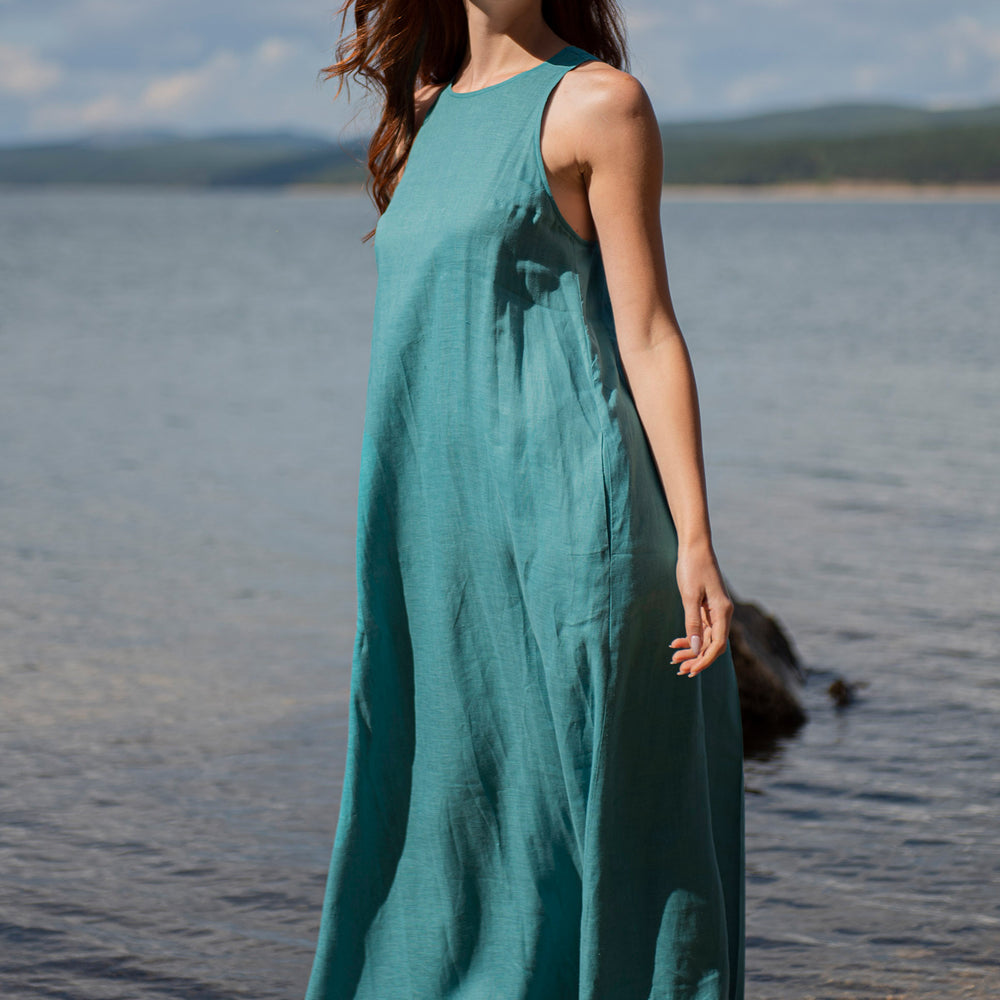 
                      
                        Minimalist Linen Dress with Pleat Detail - VisibleArtShop
                      
                    