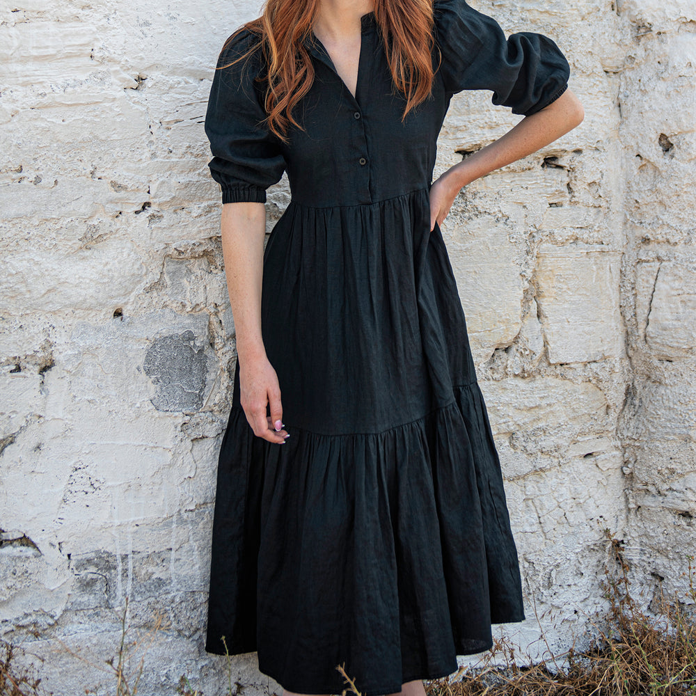 Puff Sleeved Linen Dress in Black - VisibleArtShop