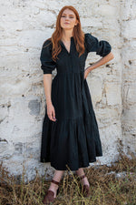 Puff Sleeved Linen Dress in Black - VisibleArtShop