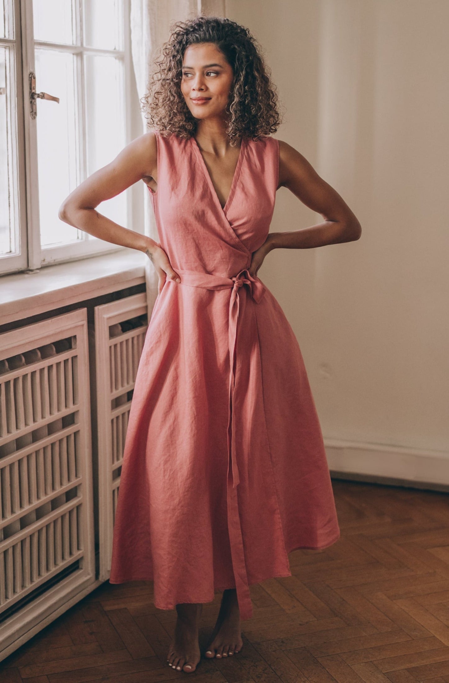 women linen blended a-line sleeveless dress Women's Sleeveless A-Line Midi Dress Solid Color Cotton Linen Casual Scarlet / S