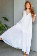 Linen and Viscose Jumpsuit Dress, Wide Leg Jumpsuit, White Jumpsuit, Maxi Overall for Women, Boho Linen Jumpsuit, Plus Size Clothing Women