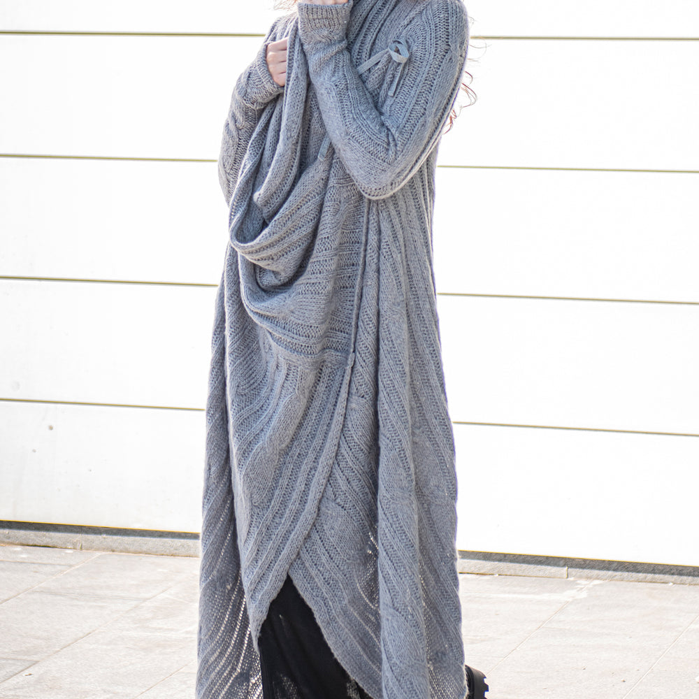 Long Asymmetrical Knit Cardigan with Draped Front - VisibleArtShop