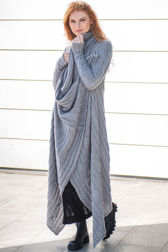 Long Asymmetrical Knit Cardigan with Draped Front - VisibleArtShop